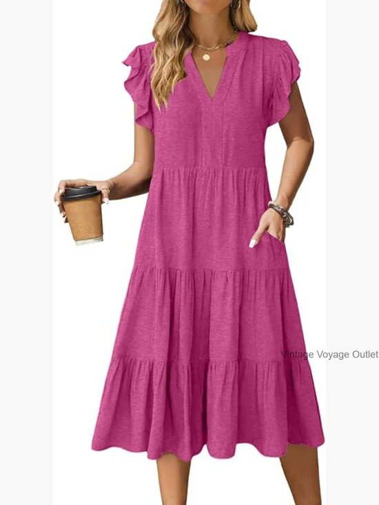 Dresses & Skirts - Womens Summer Dress Ruffle Sleeve V Neck Midi Casual Dress Flowy Tiered Boho